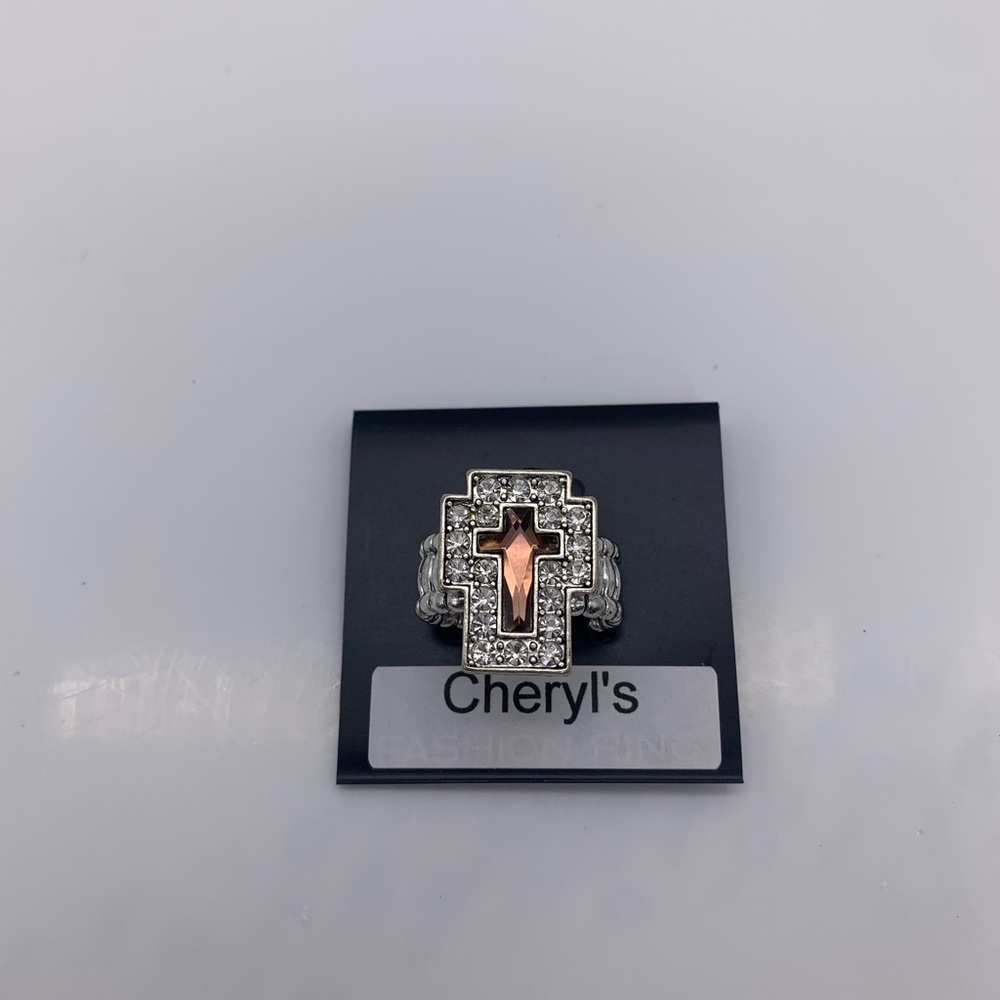 Cheryl’s Amber & Silver Rhinestones Stretch Cross Ring